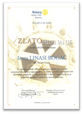 Irena Linasi - Rotary distrikt 1912 Zlato priznanje za dobrodelne projekte
