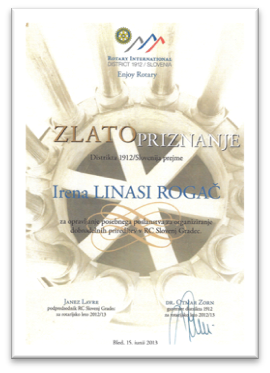 Irena Linasi - Rotary International 2013 Zlato priznanje za dobrodelne projekte